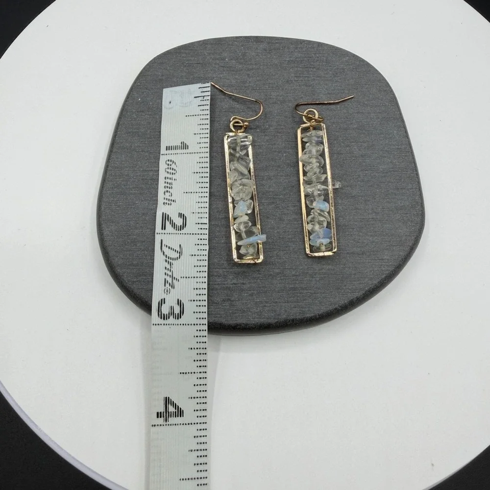 Gold Tone Clear Crystal Iridescent Chip Bar Drop Earrings Boho Statement Gift